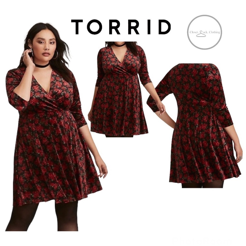 Torrid Red & Black Floral Velvet Faux Wrap Skater Dress Size Size 00
